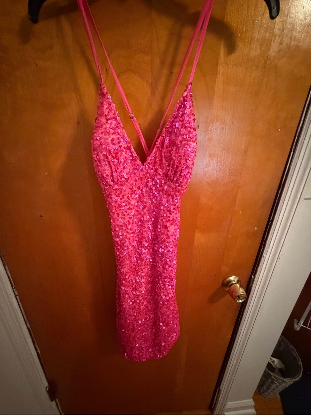 Pink Sequin V-Neck Spaghetti Strap Dress